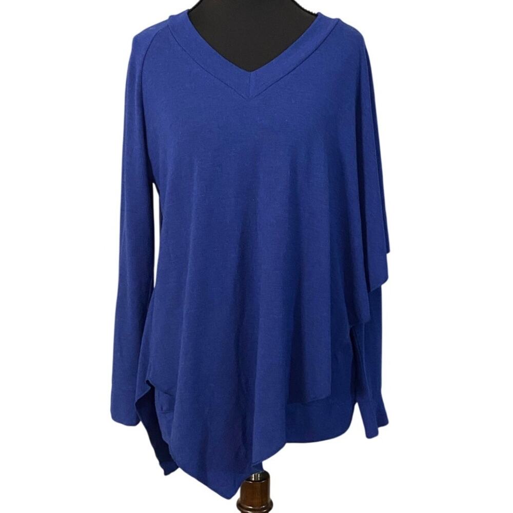 Soft Surroundings Blue Asymmetrical Tunic Top Petite Small V-Neck Flowy Stretch
